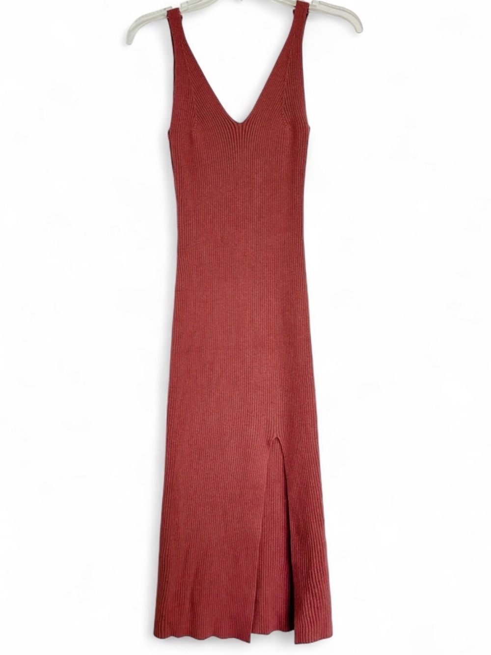 Ribbed V-Neck Knit Dress - Dusty Rose XS